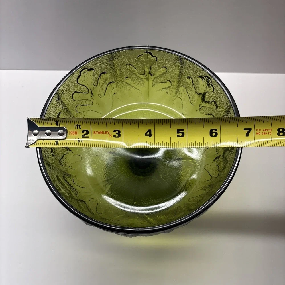 Vintage Avocado Green Glass Compote Bowl Embossed Leaf Pedestal Dish 7 Inch